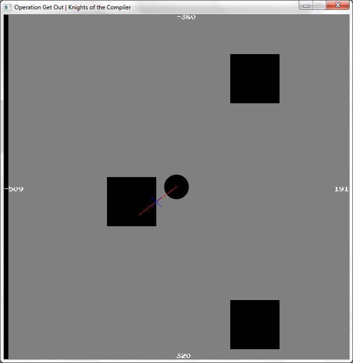 The red line represents the ray. The blue cross indicates the point of collision.