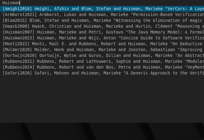 A screenshot of an active dmenu, listing publications including authors and title, sorted by citation key.